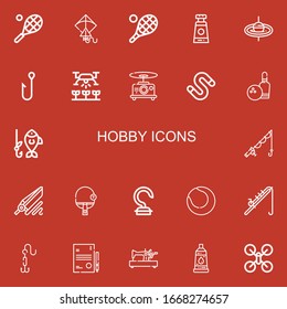 Editable 22 hobby icons for web and mobile. Set of hobby included icons line Tennis, Kite, Paint tube, Fishing rod, Hook, Drone, Worm, Bowling, Fishing, Table tennis on red background