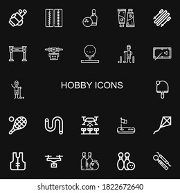 Editable 22 hobby icons for web and mobile. Set of hobby included icons line Golf, Stitches, Bowling, Paint tube, Skii, Metal detector, Drone, Golfer, Pool table on black background