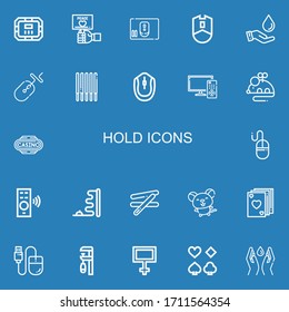 Editable 22 hold icons for web and mobile. Set of hold included icons line Poker table, Peace, Mouse, Save water, Sticks, Remote control, Casino, Stick, Poker on blue background