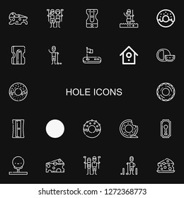 Editable 22 hole icons for web and mobile. Set of hole included icons line Cheese, Golfer, Sharpener, Donut, Golf, Birdhouse, Keyhole on black background