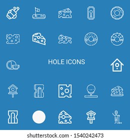 Editable 22 hole icons for web and mobile. Set of hole included icons line Golf, Cheese, Keyhole, Donut, Birdhouse, Sharpener, Golfer on blue background