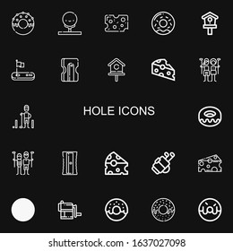 Editable 22 hole icons for web and mobile. Set of hole included icons line Donut, Golf, Cheese, Birdhouse, Sharpener, Golfer on black background