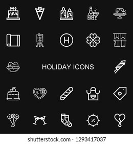 Editable 22 holiday icons for web and mobile. Set of holiday included icons line Cake, Bouquet, Candle, Champagne, Yoga mat, Wedding sign, Hotel, Clover, Ireland on black background