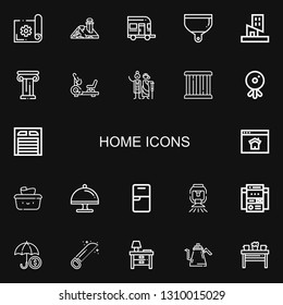 Editable 22 home icons for web and mobile. Set of home included icons line Planning, House, Caravan, Dustpan, Building, Architecture, Stationary bike, Charity on black background