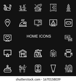 Editable 22 home icons for web and mobile. Set of home included icons line Stationary bike, House, Closet, Buildings, Location, Iron, Monitor, Television, Socket on black background