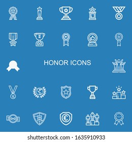 Editable 22 honor icons for web and mobile. Set of honor included icons line Medal, Trophy, Success, Medals, Award, Police badge, Win, Badge, Shield, Winning on blue background