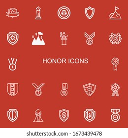 Editable 22 honor icons for web and mobile. Set of honor included icons line Shield, Trophy, Achievement, Success, Awards, Medal, Laurel, Medals on red background