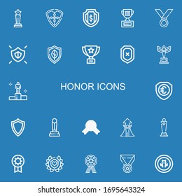 Editable 22 honor icons for web and mobile. Set of honor included icons line Trophy, Shield, Medal, Winning, Success, Award, Prize, Laurel on blue background
