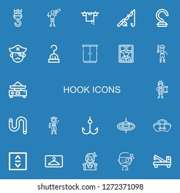 Editable 22 hook icons for web and mobile. Set of hook included icons line Hook, Pirate, Clothes hanger, Fishing, Wardrobe, Balance, Worm, Fishing rod, Pirates on blue background