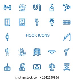 Editable 22 hook icons for web and mobile. Set of hook included icons line Crane, Pirate, Worm, Fishing, Wardrobe, Steelyard, Fishing rod, Ice fishing, Walking stick on white background