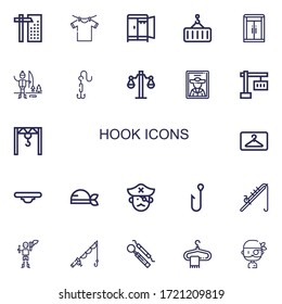 Editable 22 hook icons for web and mobile. Set of hook included icons line Crane, Clothes hanger, Wardrobe, Ice fishing, Hook, Balance, Pirate, Hanger, Fishing rod on white background