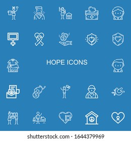 Editable 22 hope icons for web and mobile. Set of hope included icons line Donation, Donor, Human rights, Peace, Charity, Clothes donation, Donate, Dove, Hope on blue background