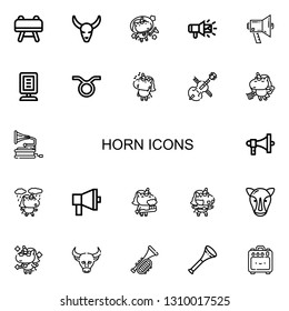 Editable 22 horn icons for web and mobile. Set of horn included icons line Buck, Bull skull, Unicorn, Megaphone, Announcer, Taurus, Cello, Gramophone, Rhino on white background