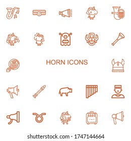 Iconos editables de 22 cuernos para web y móvil. El juego de cuernos incluye íconos como Jazz, Amplifier, Megaphone, Unicorn, Tuba, Monster, Bison, Vuvuzela, Cryptozoología sobre fondo blanco