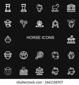Editable 22 horse icons for web and mobile. Set of horse included icons line Rook, Chess, Unicorn, Trojan, Carousel, Cowboy, Rattles, Amusement park, Toy, Birthday girl on black background