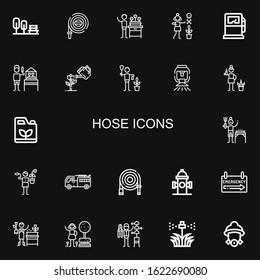 Editable 22 hose icons for web and mobile. Set of hose included icons line Garden, Hose, Gardener, Gas pump, Sprinkler, Gasoline, Firefighter, Water Hydrant on black background