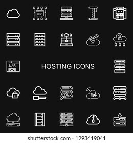 Editable 22 Hosting Icons For Web And Mobile. Set Of Hosting Included Icons Line Icloud, Sitemap, Server, Platform, Web Site, Cloud Computing, Cloud, Cloud Server On Black Background