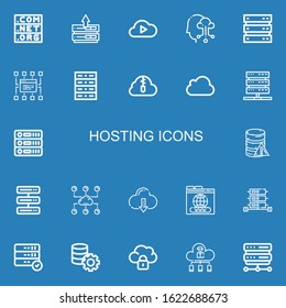 Editable 22 hosting icons for web and mobile. Set of hosting included icons line Domain, Server, Cloud computing, Sitemap, Zip cloud, Icloud, Database, Cloud on blue background