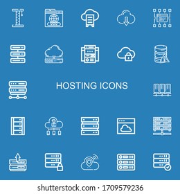 Editable 22 hosting icons for web and mobile. Set of hosting included icons line Platform, Domain, Cloud data, Cloud computing, Sitemap, Server, Cloud server on blue background