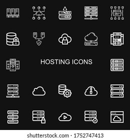 Editable 22 hosting icons for web and mobile. Set of hosting included icons line Servers, Cloud, Server, Sitemap, Hosting, Cloud computing, Cloud server, Web site on black background