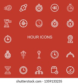 Editable 22 hour icons for web and mobile. Set of hour included icons line Time, Watch, Stopwatch, Backward, Timer, Hourglass, Clock, Stopclock, Chronometer on red background