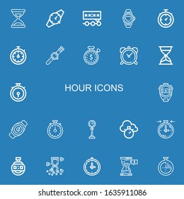 Editable 22 hour icons for web and mobile. Set of hour included icons line Time, Watch, Deadline, Stopwatch, Clock, Hourglass, Chronometer, Stopclock, Timer on blue background