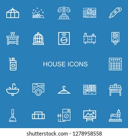 Editable 22 house icons for web and mobile. Set of house included icons line Tent, Igloo, Law, Cityscape, d printing pen, Nightstand, Bird cage, Washing machine on blue background