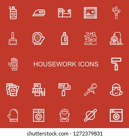 Editable 22 housework icons for web and mobile. Set of housework included icons line Spray bottle, Ironing, Machine, Painting, Brush, Broom, Glove, Detergent on red background