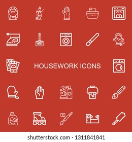 Editable 22 housework icons for web and mobile. Set of housework included icons line Maid, Gloves, Wet wipes, Dishwasher, Iron, Toilet brush, Washing machine on red background