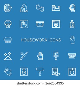 Editable 22 housework icons for web and mobile. Set of housework included icons line Glove, Vacuum, Gloves, Machine, Paint bucket, Latex, Laundry basket, Washing machine on blue background