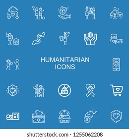 Editable 22 humanitarian icons for web and mobile. Set of humanitarian included icons line Charity, Donation, Hope, Shelter, Human rights, Food donation, Ngo on blue background