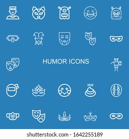 Editable 22 humor icons for web and mobile. Set of humor included icons line Monster, Mask, Laughing, Jester, Masks, Troll, Shy, Poo, Theatre mask on blue background