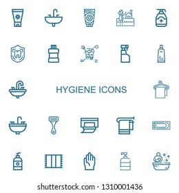 Editable 22 hygiene icons for web and mobile. Set of hygiene included icons line Sun cream, Sink, Bath, Gel, Dental, Mouthwash, Tooth, Cleaning spray, Toothpaste on white background