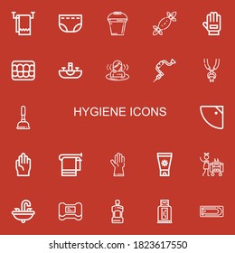 Editable 22 iconos de higiene para web y móvil. Conjunto de higiene incluido íconos de línea Toalla, Diaper, Cubo, Tejidos, Glove, Denture, Sink, Sauna, Brace, Alicates de dientes sobre fondo rojo