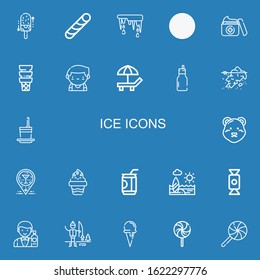 Editable 22 ice icons for web and mobile. Set of ice included icons line Ice cream, Stick candy, Thaw, Mountain, Cream, Barman, Beach, Milkshake, Iceberg, Frozen yogurt on blue background