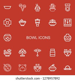 Editable 22 icons for web and mobile. Set of bowl included icons line Bowl, Rattles, Rice, Soup, Toilet, Veterinary, Fruit bowl, Salad, Mixer, Fish bowl on red background