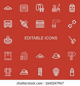 Editable 22 editable icons for web and mobile. Set of editable included icons line Pamela, Chest, Jumping rope, Terrace, Beer can, Broken link, Read, Soda can on red background