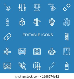 Editable 22 editable icons for web and mobile. Set of editable included icons line Soda can, Jumping rope, Chest, Lasso, Broken link, Eye dropper, Read, Signpost on blue background