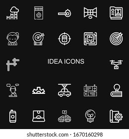 Editable 22 idea icons for web and mobile. Set of idea included icons line Goal, Matches, Match, d, Teacher, Target, Labyrinth, Crossword, Drone, Talk, Cogwheel on black background