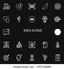 Editable 22 idea icons for web and mobile. Set of idea included icons line Investment, Telephone, Vision, Direction, Cogwheel, Puzzle, Graphic designer, Idea on black background