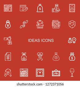 Editable 22 ideas icons for web and mobile. Set of ideas included icons line Frame, Background, Money bag, Charity, Clothes donation, Ideas, Contract, Clocks on red background