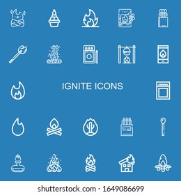 Editable 22 ignite icons for web and mobile. Set of ignite included icons line Bonfire, Flame, Fire, Matches, Match on blue background