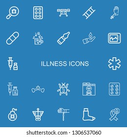 Editable 22 illness icons for web and mobile. Set of illness included icons line Virus, Drug, Stretcher, Blood donation, Pill, Drugs, Vials, Electrocardiogram on blue background