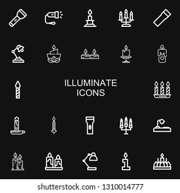 Editable 22 illuminate icons for web and mobile. Set of illuminate included icons line Flashlight, Candle, Desk lamp, Candles on black background