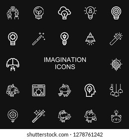 Editable 22 imagination icons for web and mobile. Set of imagination included icons line Idea, Magic wand, Lamp, Brainstorming, Unicorn, Inspiration on black background