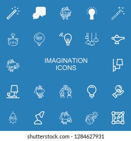 Editable 22 imagination icons for web and mobile. Set of imagination included icons line Magic wand, Idea, Unicorn, Lamp, Layout on blue background