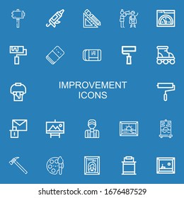 Editable 22 improvement icons for web and mobile. Set of improvement included icons line Hammer, Caulk gun, Design tools, Motivation, Speed, Roller, Eraser on blue background