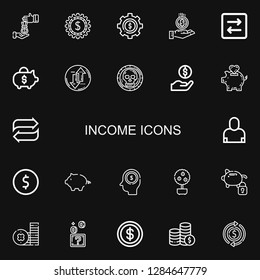 Editable 22 income icons for web and mobile. Set of income included icons line Loan, Dollar, Coin, Transfer, Piggy bank, Salesman, Earnings, Money tree, Coins on black background