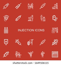 Editable 22 Injection Icons For Web And Mobile. Set Of Injection Included Icons Line Syringe, Veterinarian, Vaccine, Blood Transfusion, Needle On Red Background