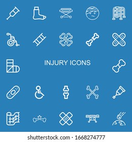 Editable 22 injury icons for web and mobile. Set of injury included icons line Crutch, Broken leg, Stretcher, Injured, Walking stick, Wheelchair, Bones, Bone on blue background